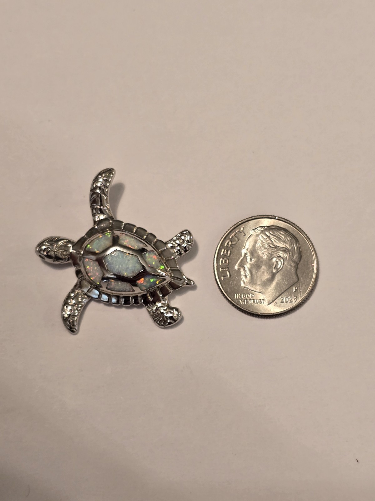 White Opal Sterling Silver Sea Turtle Pendant 925 Textured