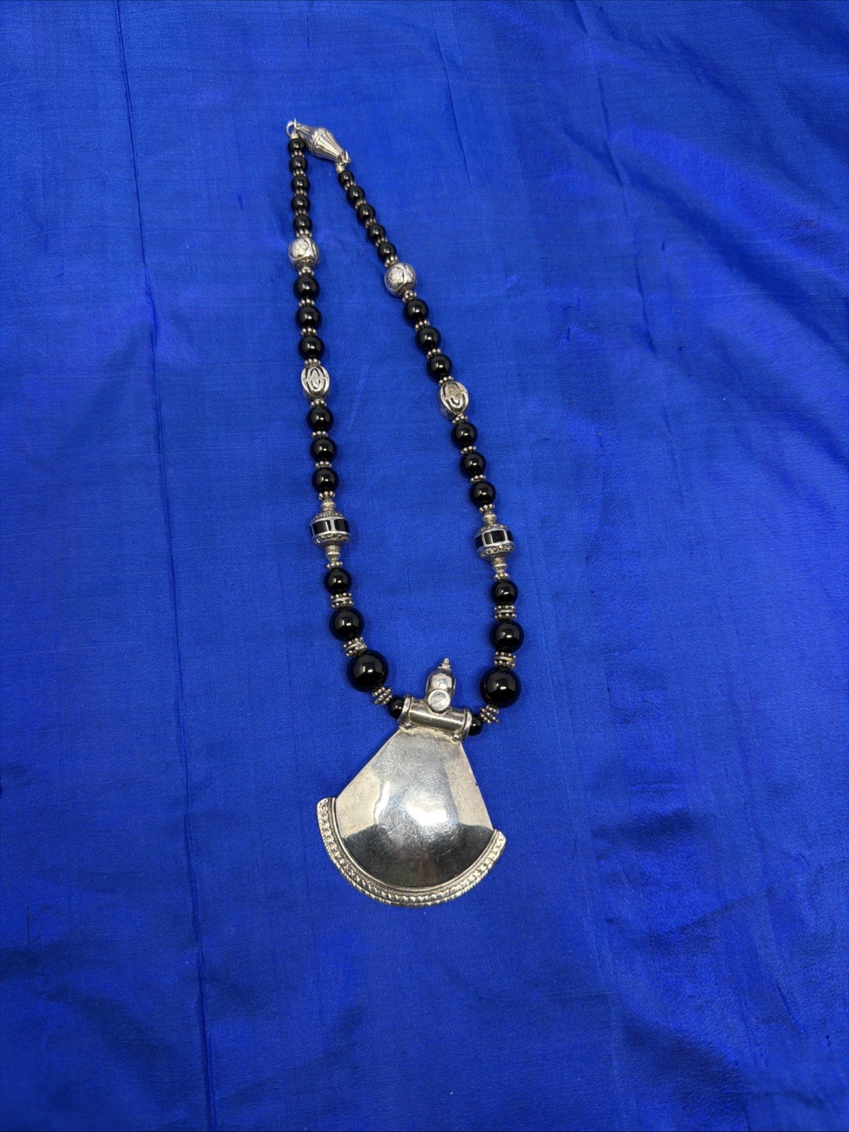 Sterling Silver 925 Black Onyx Beaded Bali Bead Necklace Large Pendant 17” 82.3g