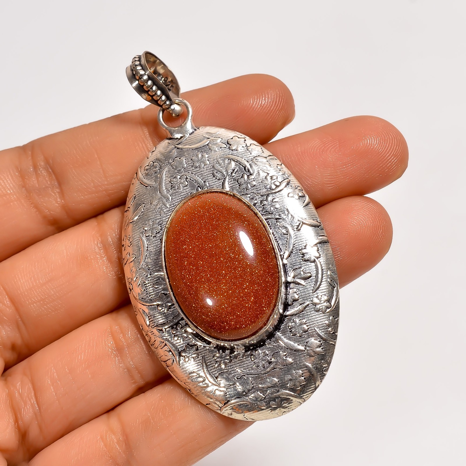 Natural Golden Sandstone Gemstone 925 Sterling Silver Vintage Style Pendant 2.5″