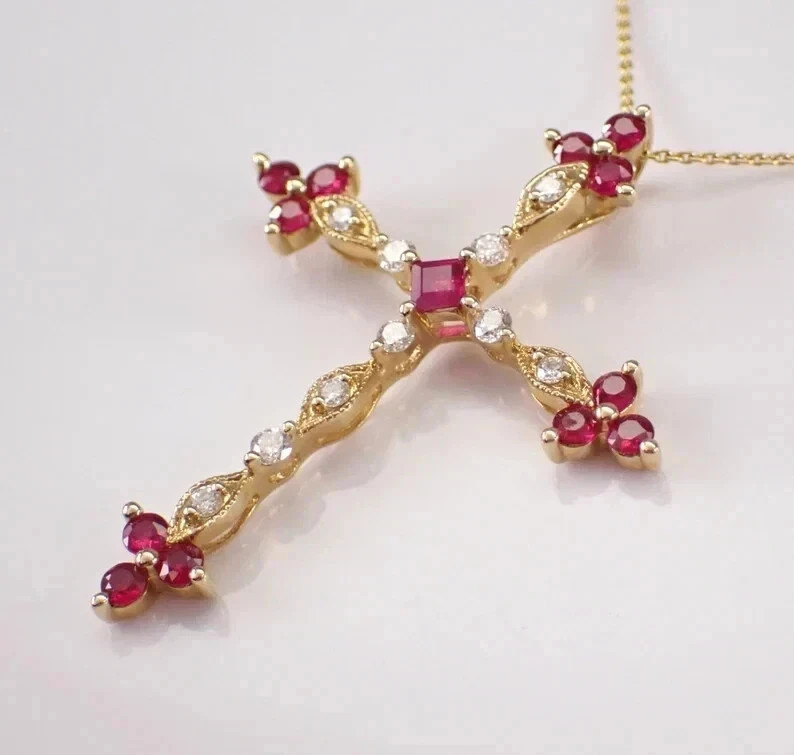 1.60CT Round Cut Lab-Created Red Ruby Women Cross Pendant 14K Yellow Gold Plated