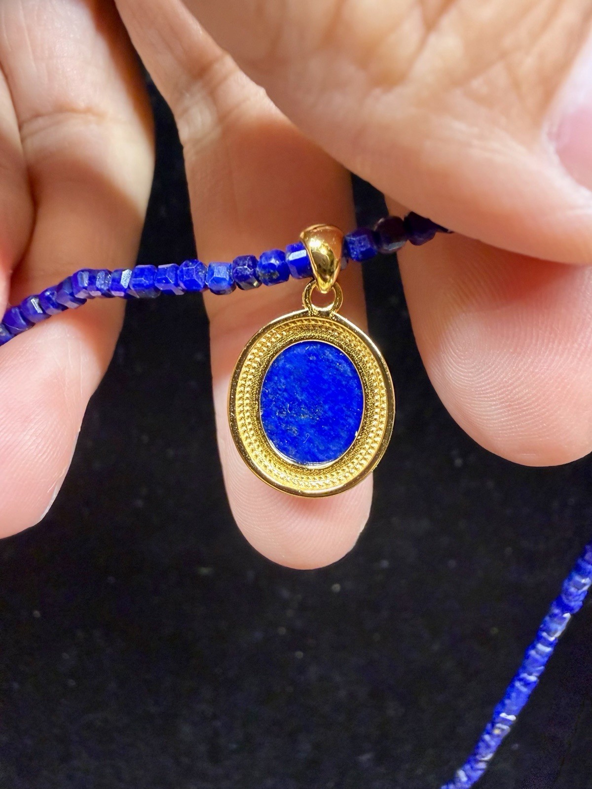 Premium Lapis Lazuli Beaded Necklace Oval Bezel Charm Pendant 925 Sterling