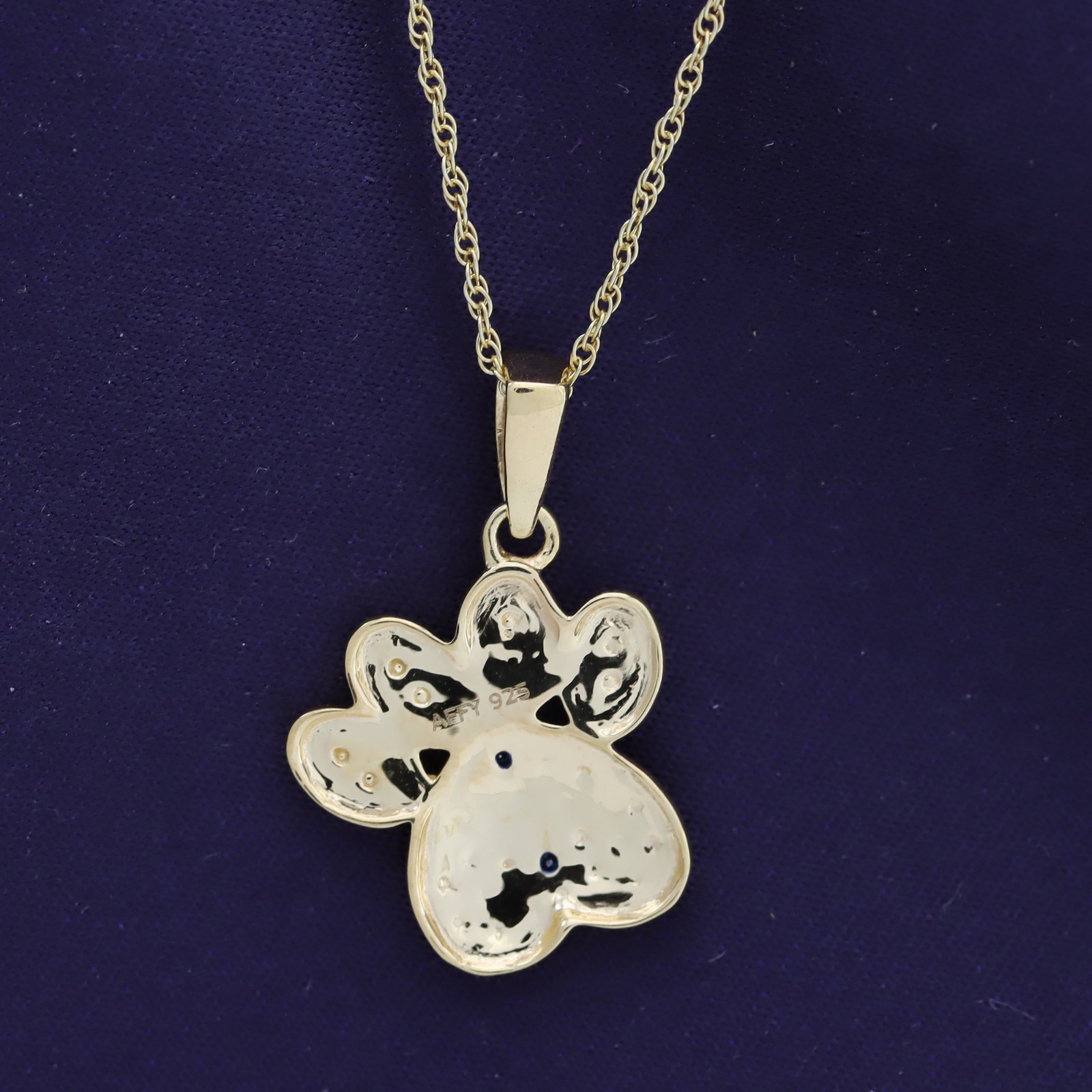 Blue Real Diamond Accent Paw Print Pendent 18″ Necklace 10K Yellow Gold Plated