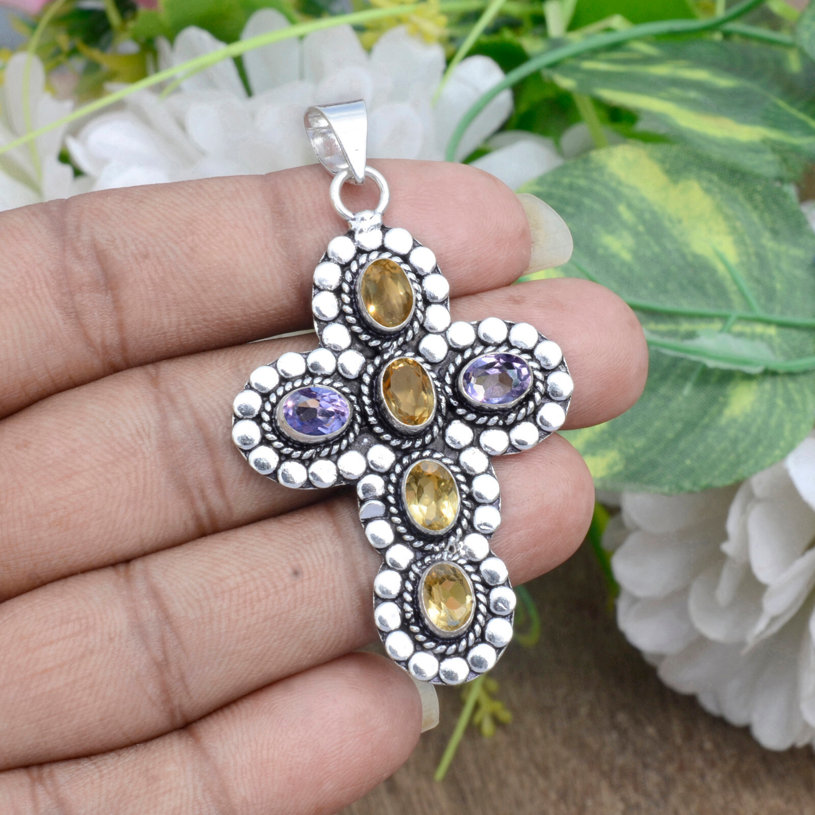 Citrine Topaz Amethyst Cut Gemstone Cross 925 Sterling Silver Beauty Art Pendant