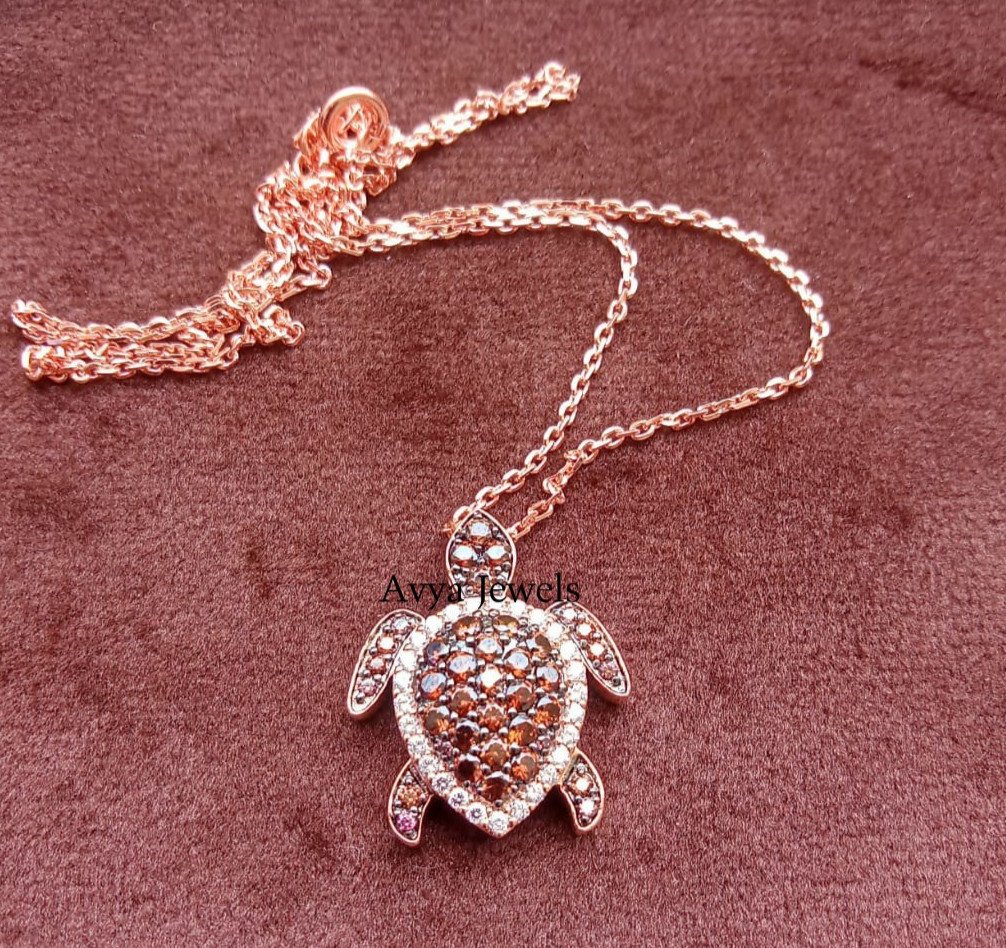 2 CT Round Brown Diamond Aloha Turtle Sea Pendant Necklace 14K Rose Gold Plated
