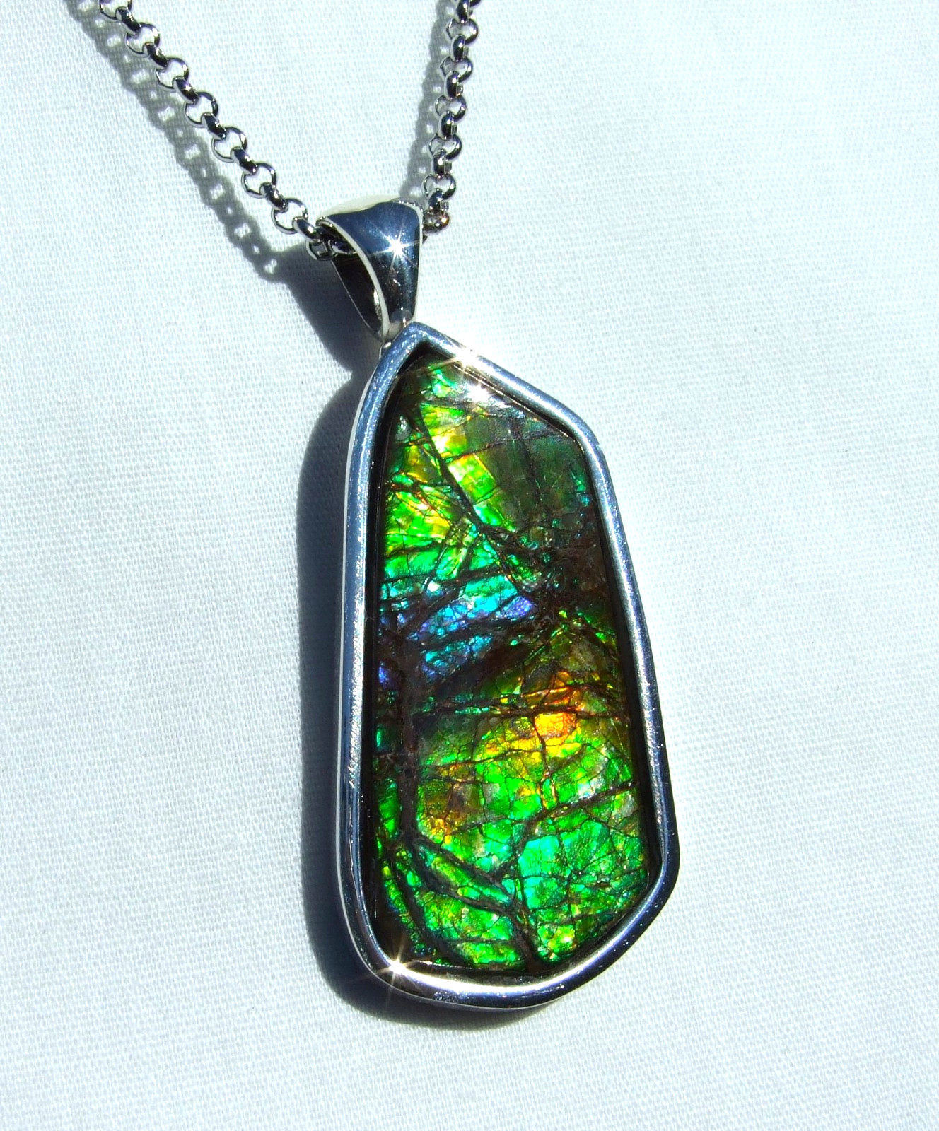 AMMOLITE PENDANT, Solid Sterling Silver , HANDMADE- USA, Feng Shui Prized