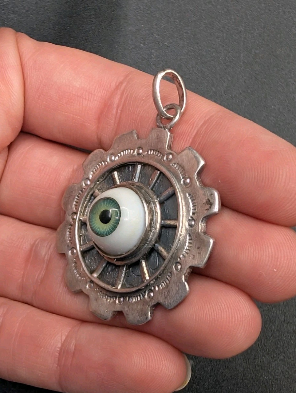 Sterling Silver 925 Evil Eye Good Luck Protection Stamped Steampunk Gear Pendant