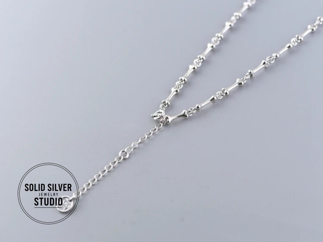 S925 Authentic Sterling Silver Skull&Bone Link Chain Punk Gothic Biker Necklace