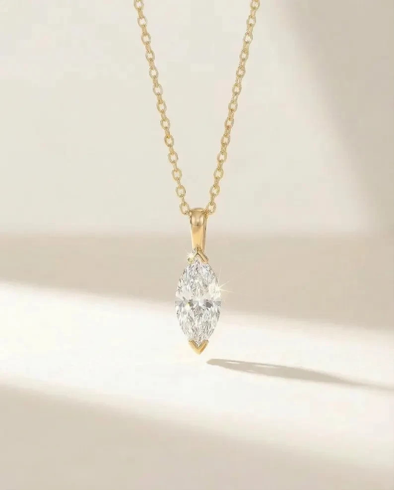 1 Ct Marquise Moissanite Solitaire Necklace 14k Gold Plated Gift for Her 18 Inch