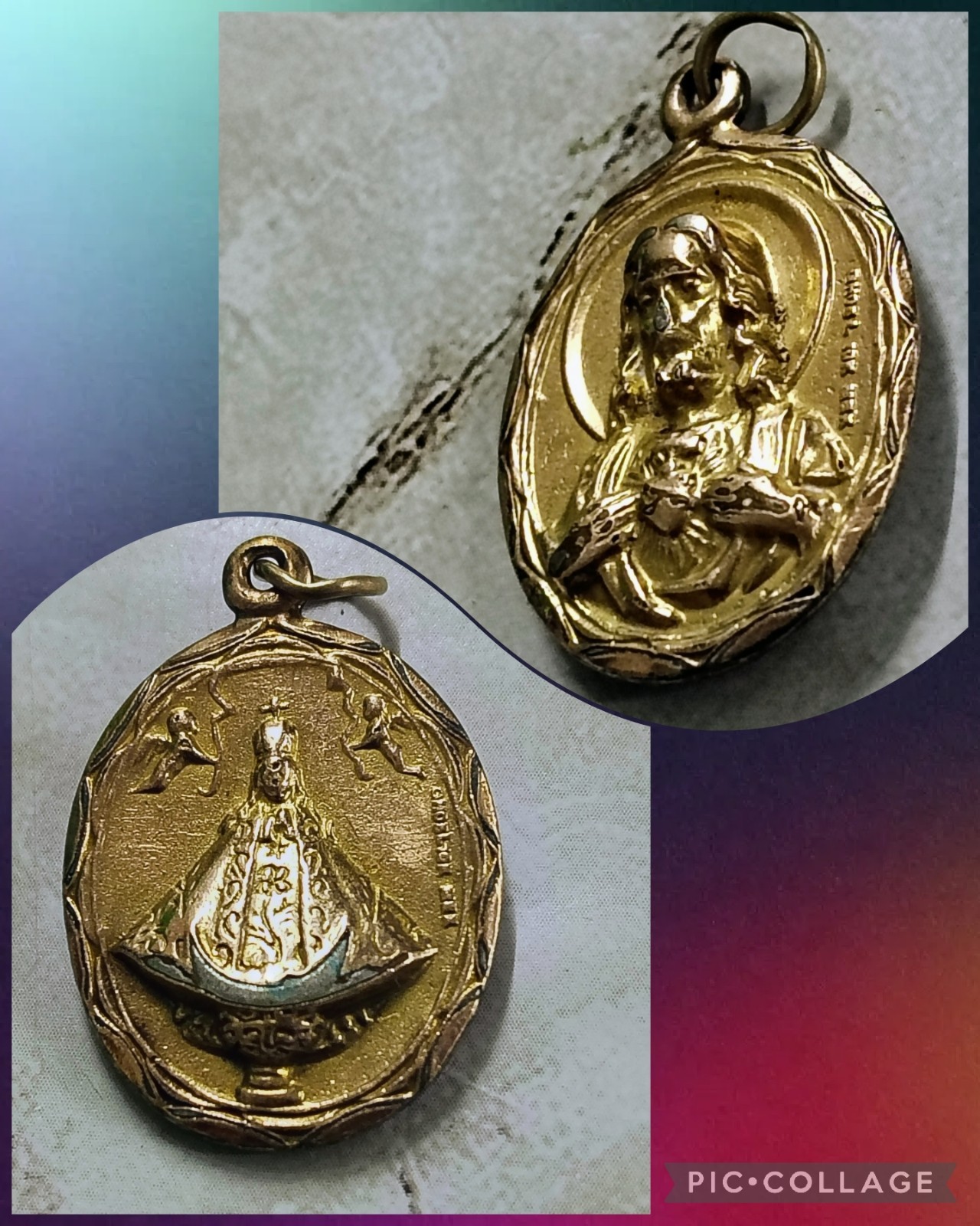 10K Yellow Gold Double-Sided Religious Medal Sacred Heart Jesus & San Juan Lagos