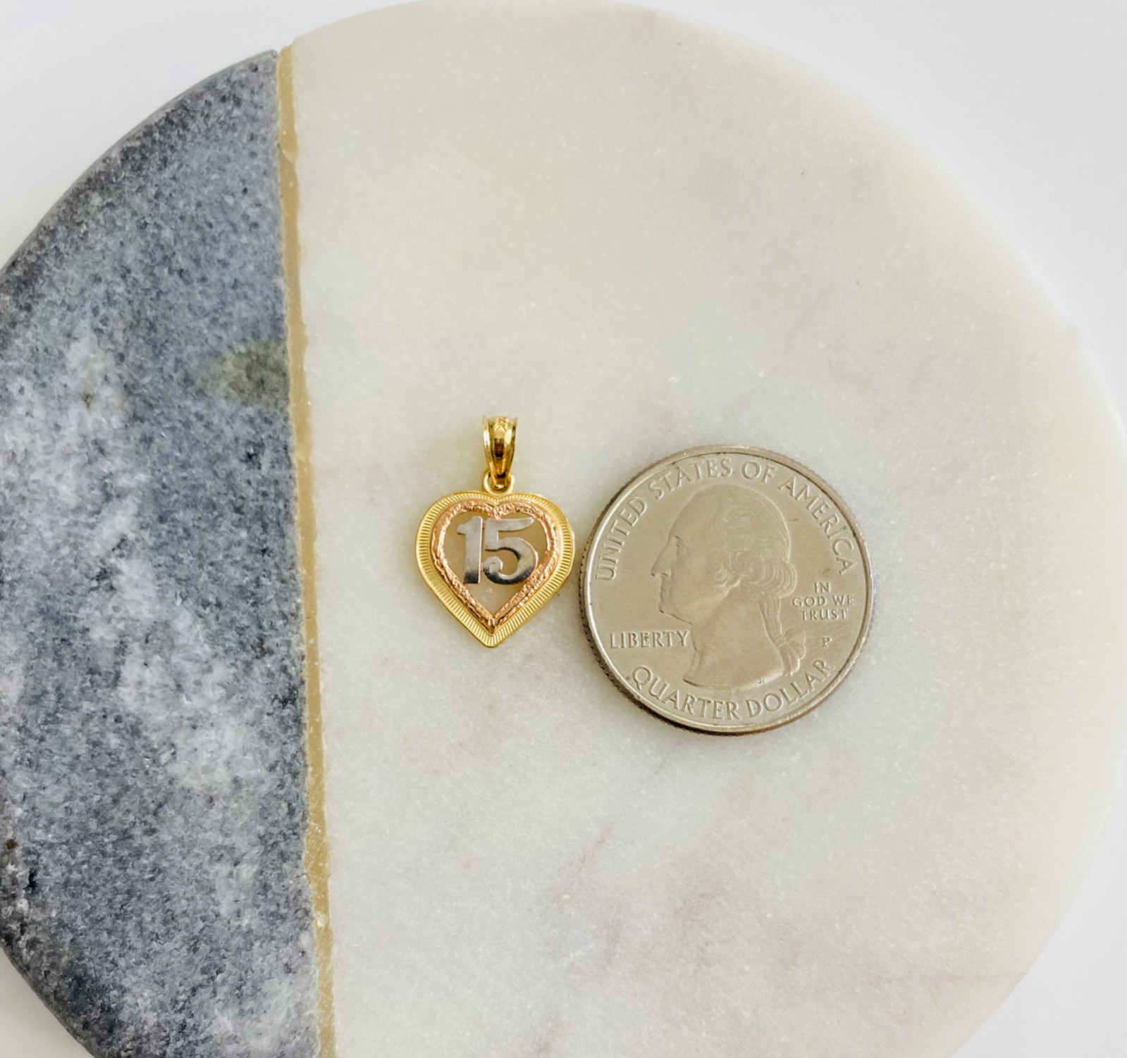 14K Solid Gold Quinceañera Heart Pendant, Small 14K 3C Gold Sweet 15 Charm-PT369