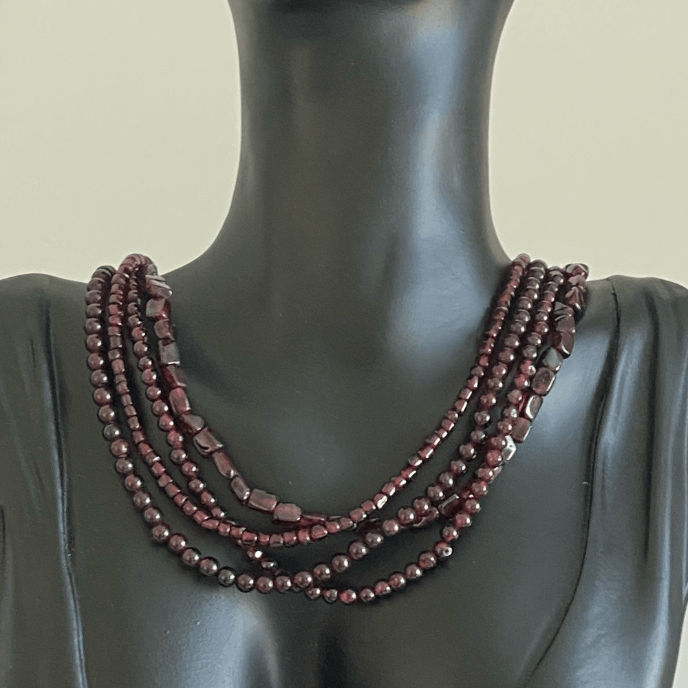Multi-Strand Natural Rhodolite Garnet Beaded Necklace 16”