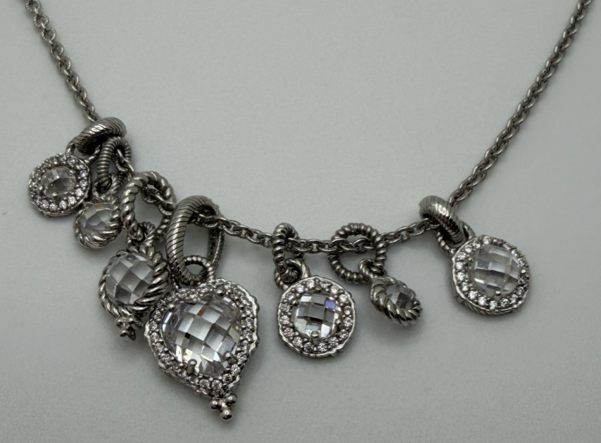 Judith Ripka 925 Sterling Silver Adjustable Charm Necklace 20″ Clear Stones