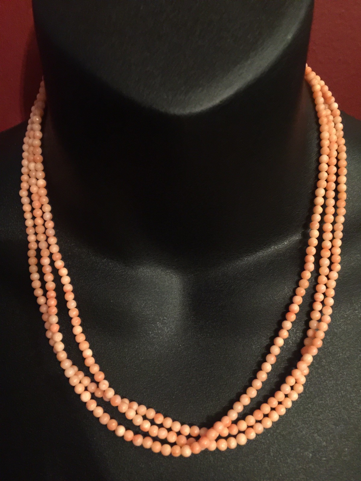 Pink CORAL Triple Strand String 3mm Bead 14k yellow Gold Necklace