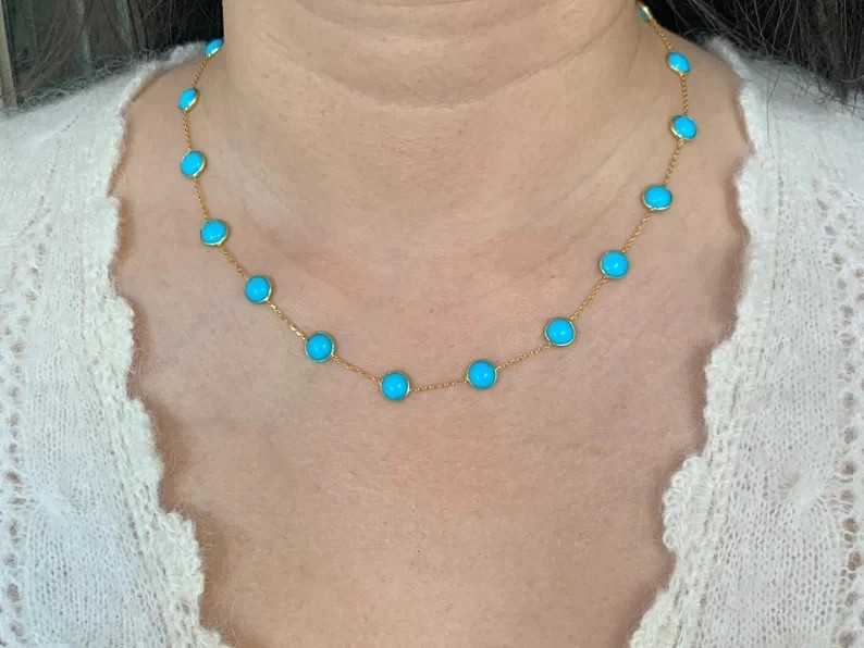 18K Yellow Gold Plated Station Necklace With 7.8mm Sleeping Beauty Turquoise 18″