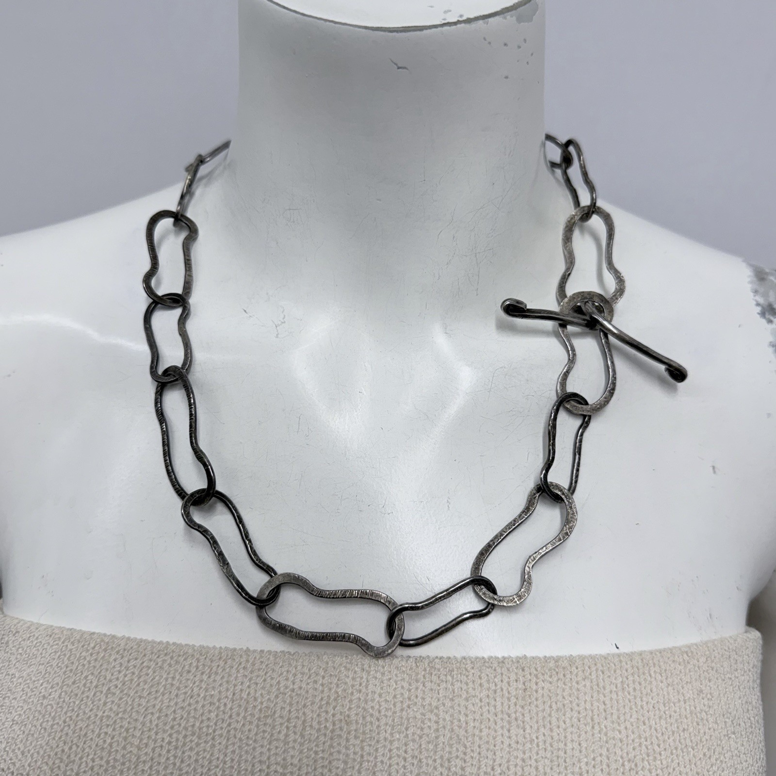 VERY Interesting Oxidized Sterling Silver Link Necklace 55 Grams 22 1/2″ Long