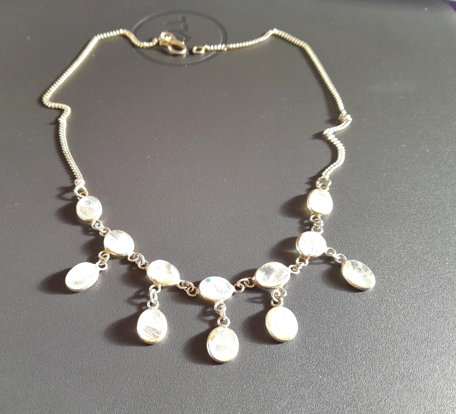 ANTIQUE 1910 STERLING SHEPHERD’S HOOK CEYLON MOON STONE NECKLACE HUES OF BLUE