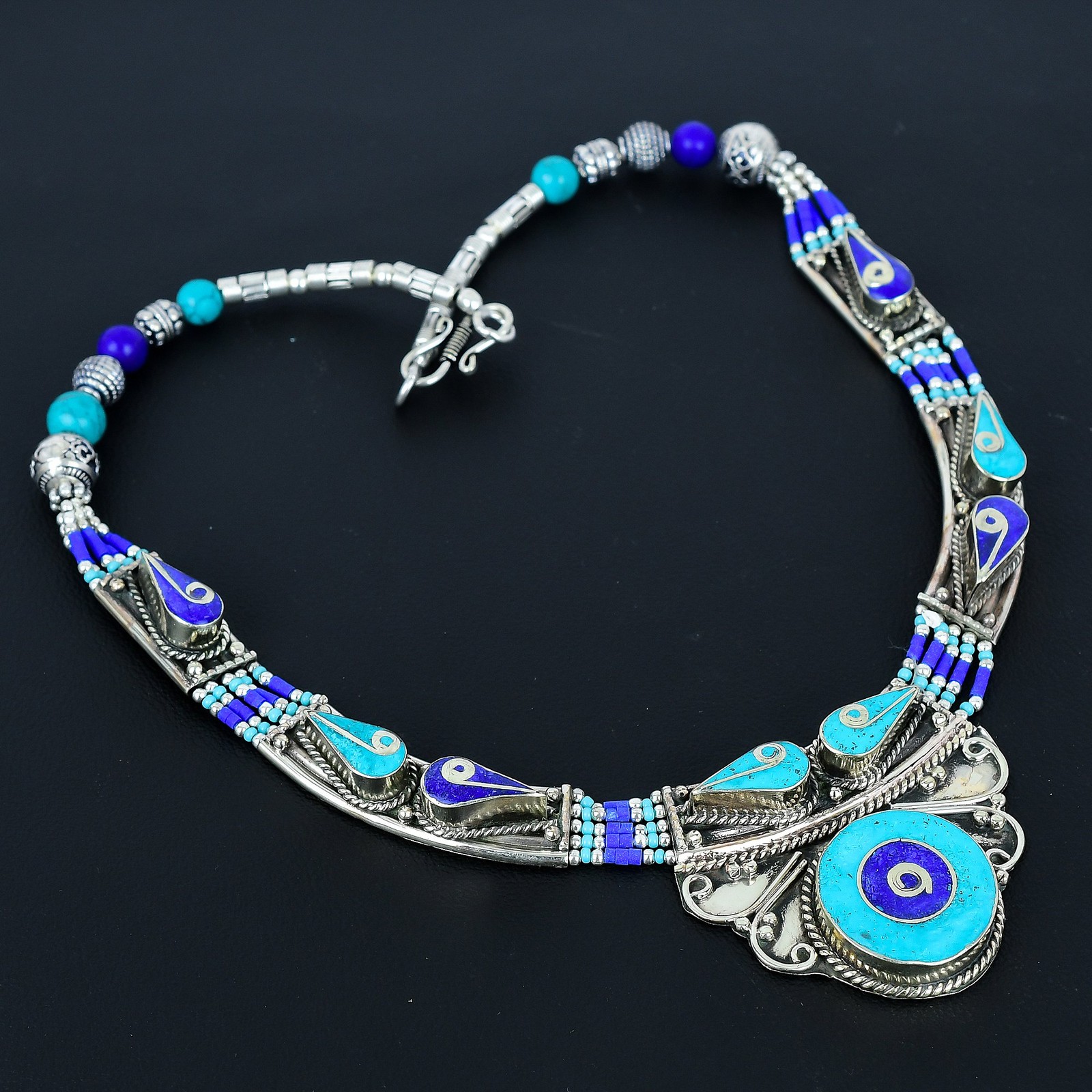 Lapis Lazuli Turquoise Ethnic 925 Sterling Silver Tibetan Nepali Necklace 18″ q6