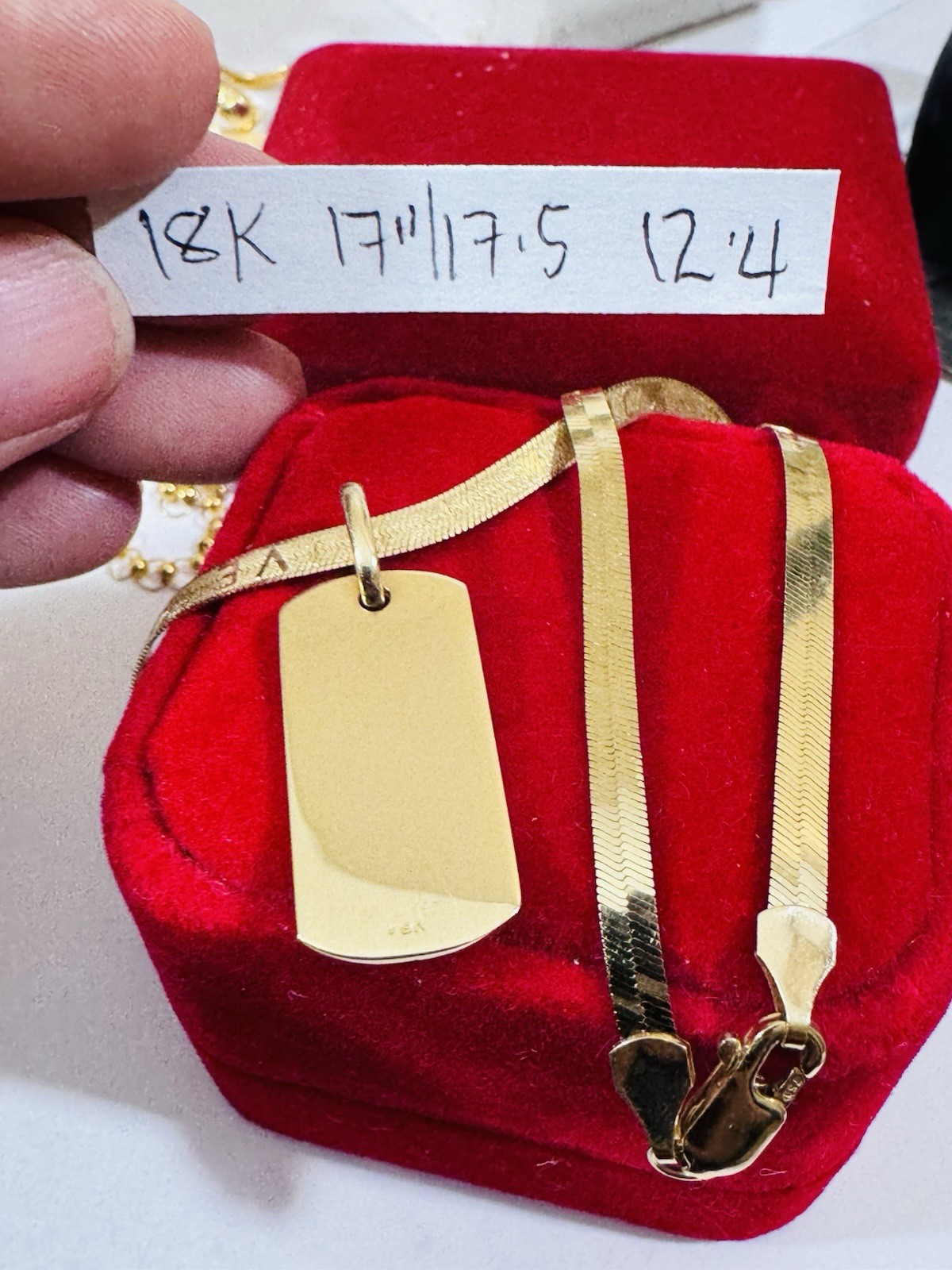 18K 750 Genuine Gold Rectangle Bar Necklace 17” Inch Long 12.4g 3.8mm