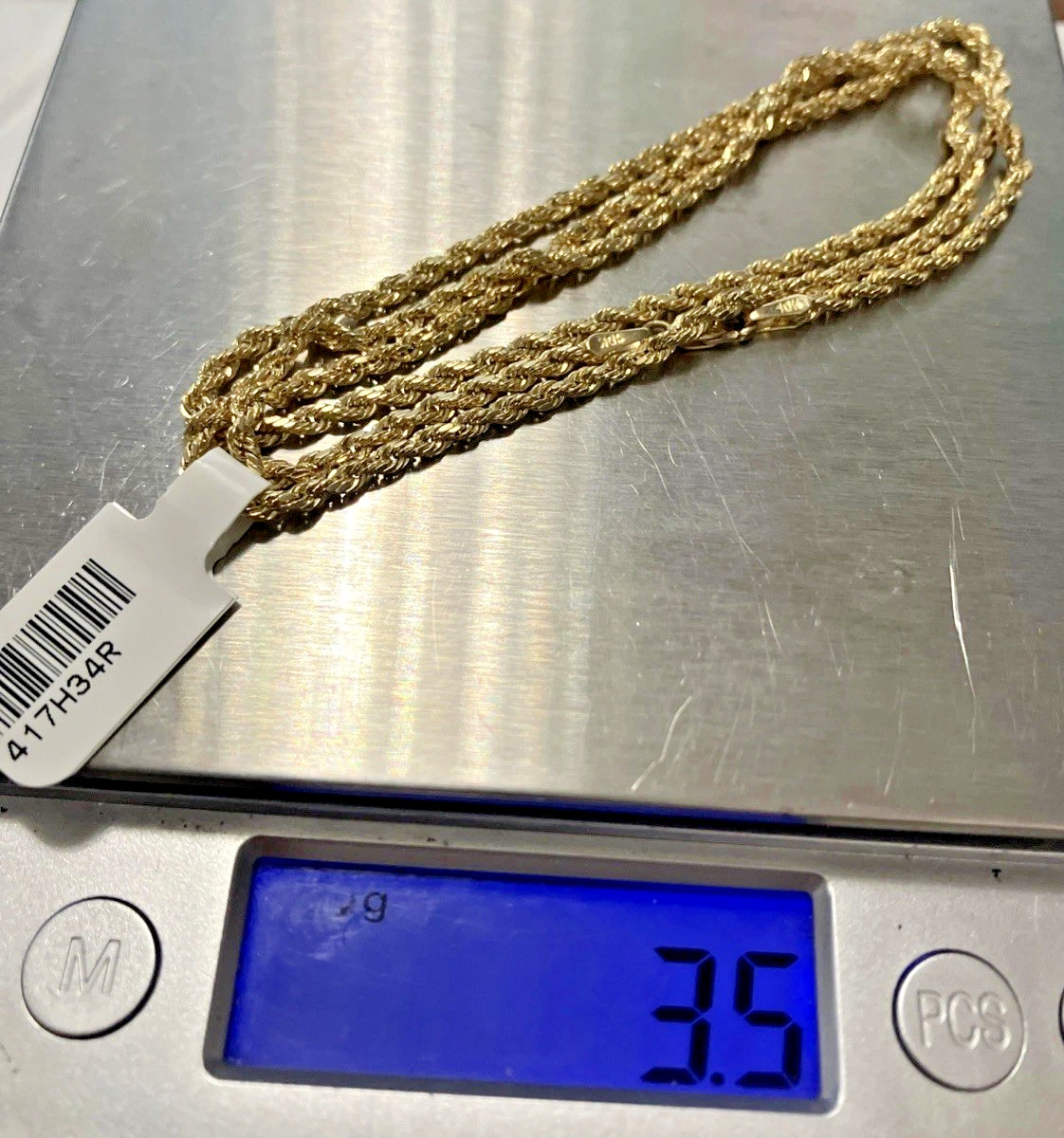 10kt Real Gold Rope Hollow Chain 3.4Grams 2.5mm 22” GND Brand New with Tag 10k