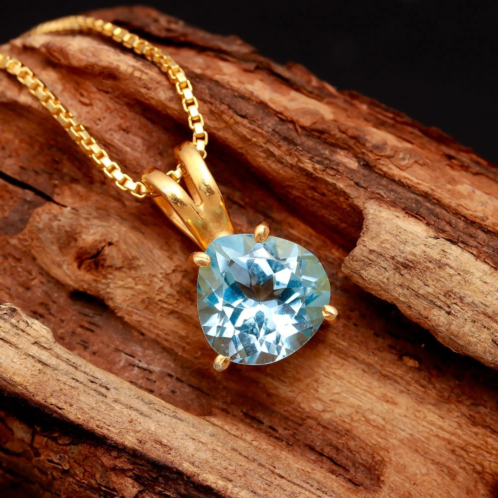 Natural Sky Blue Topaz Heart Cut Gold Plated 925 Sterling Silver Pendant