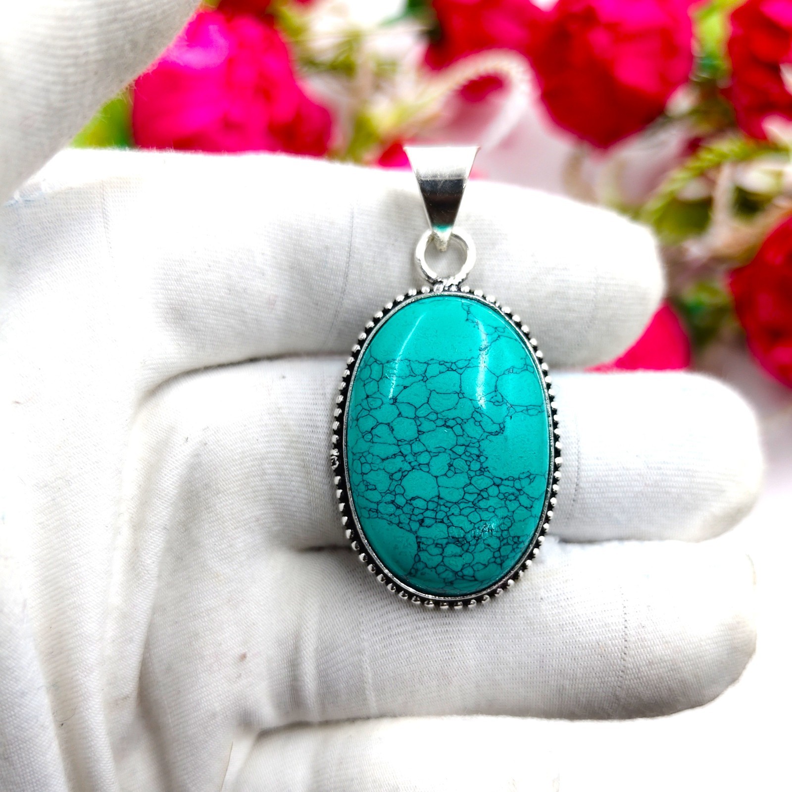 Blue Turquoise Gemstone Handmade 925 Sterling Silver Jewelry Pendant Size-2″
