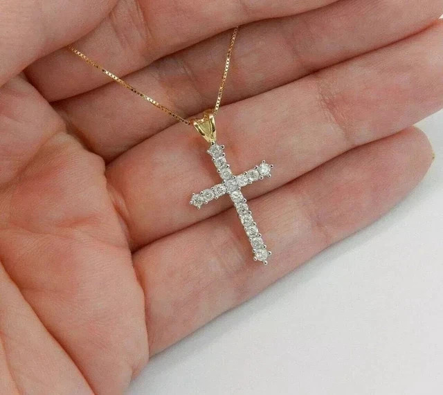 1 CT Round Cut Lab Created Diamond Cross Pendant 14K Yellow Gold Over Free Chain