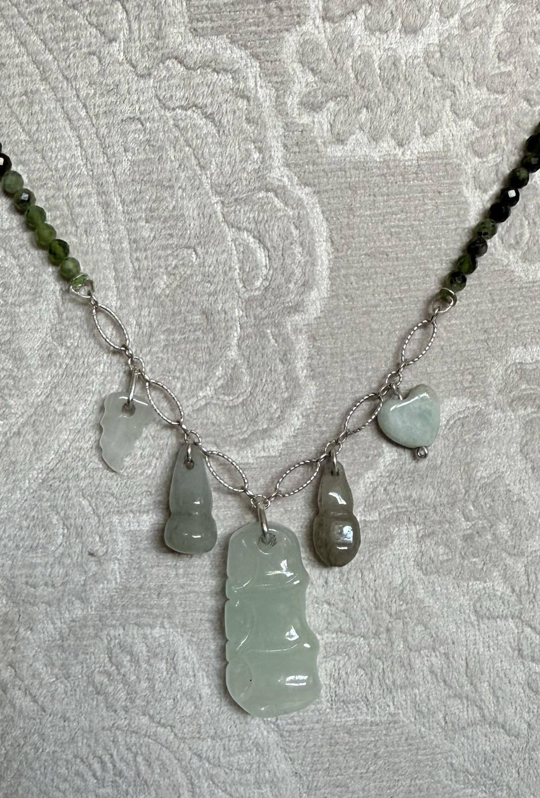 Sterling Silver Serpentine Bead Necklace With Jade Charms 18”
