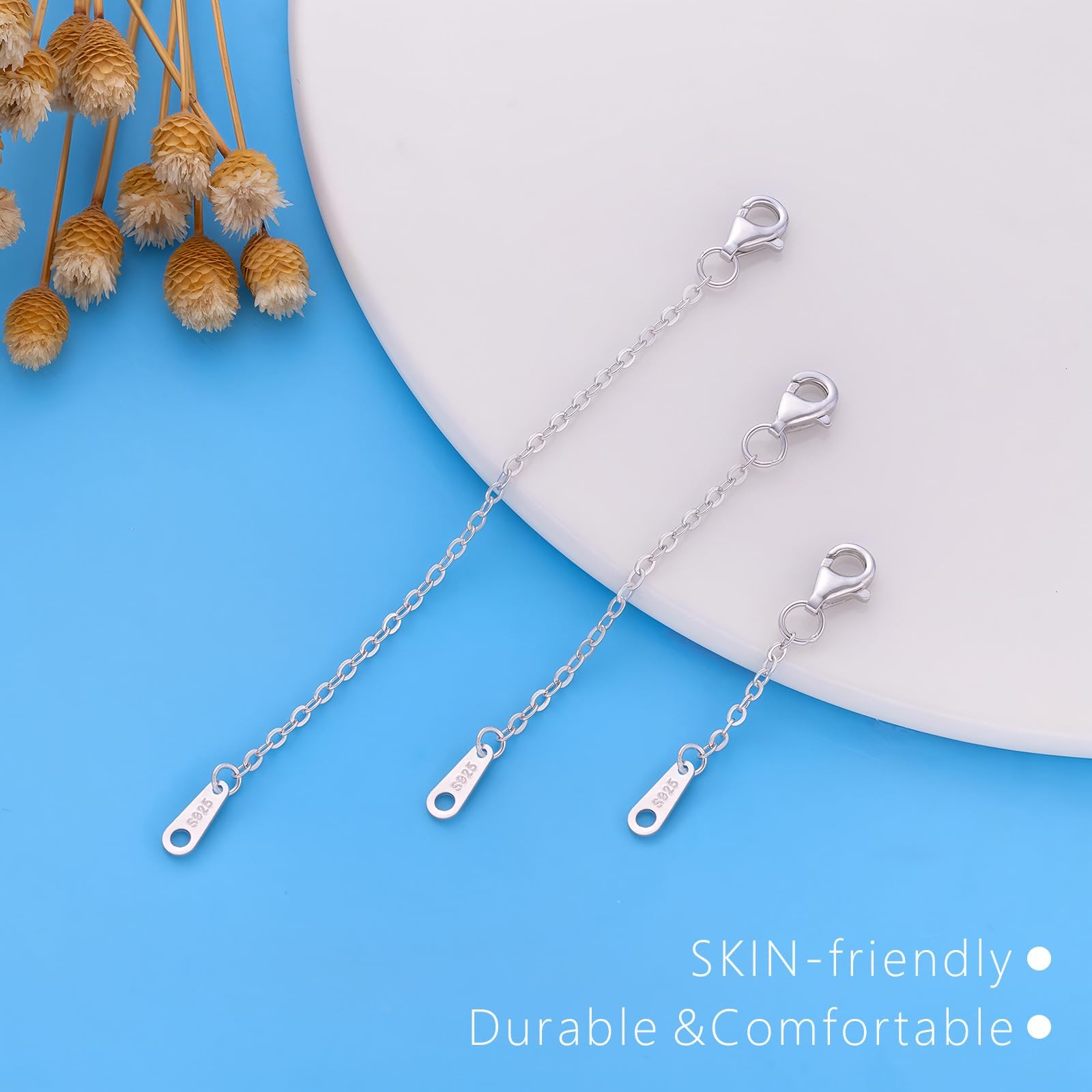 3 Pcs 925 Sterling Silver Necklace Chain Extenders for Bracelet, 1/2/3 Inch