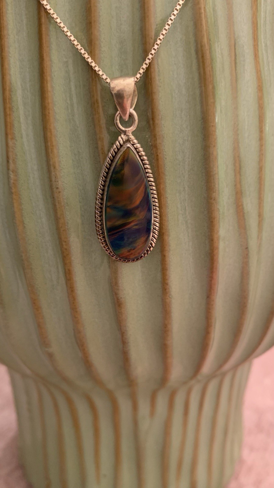 Teardrop Multicolor Rainbow Green Orange Fire Pendent With Chain 925 Italy