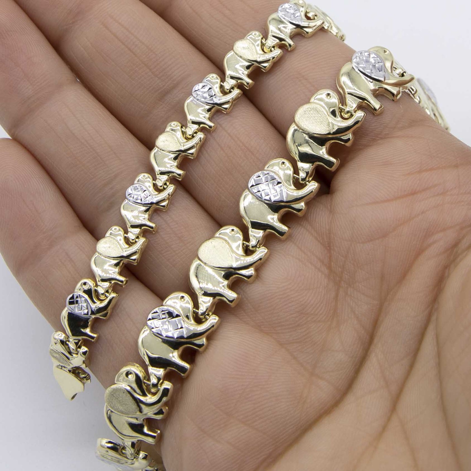 Graduated Diamond Cut Elephant Stampato Necklace 10K Yellow White Gold 18″