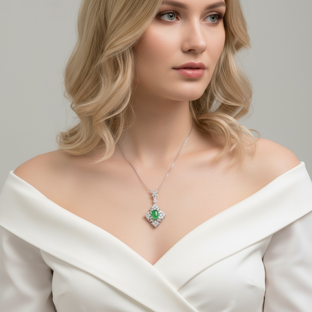 925 Sterling Silver Necklace 8x6mm Natural Emerald Gemstone Zircon Flower Chain