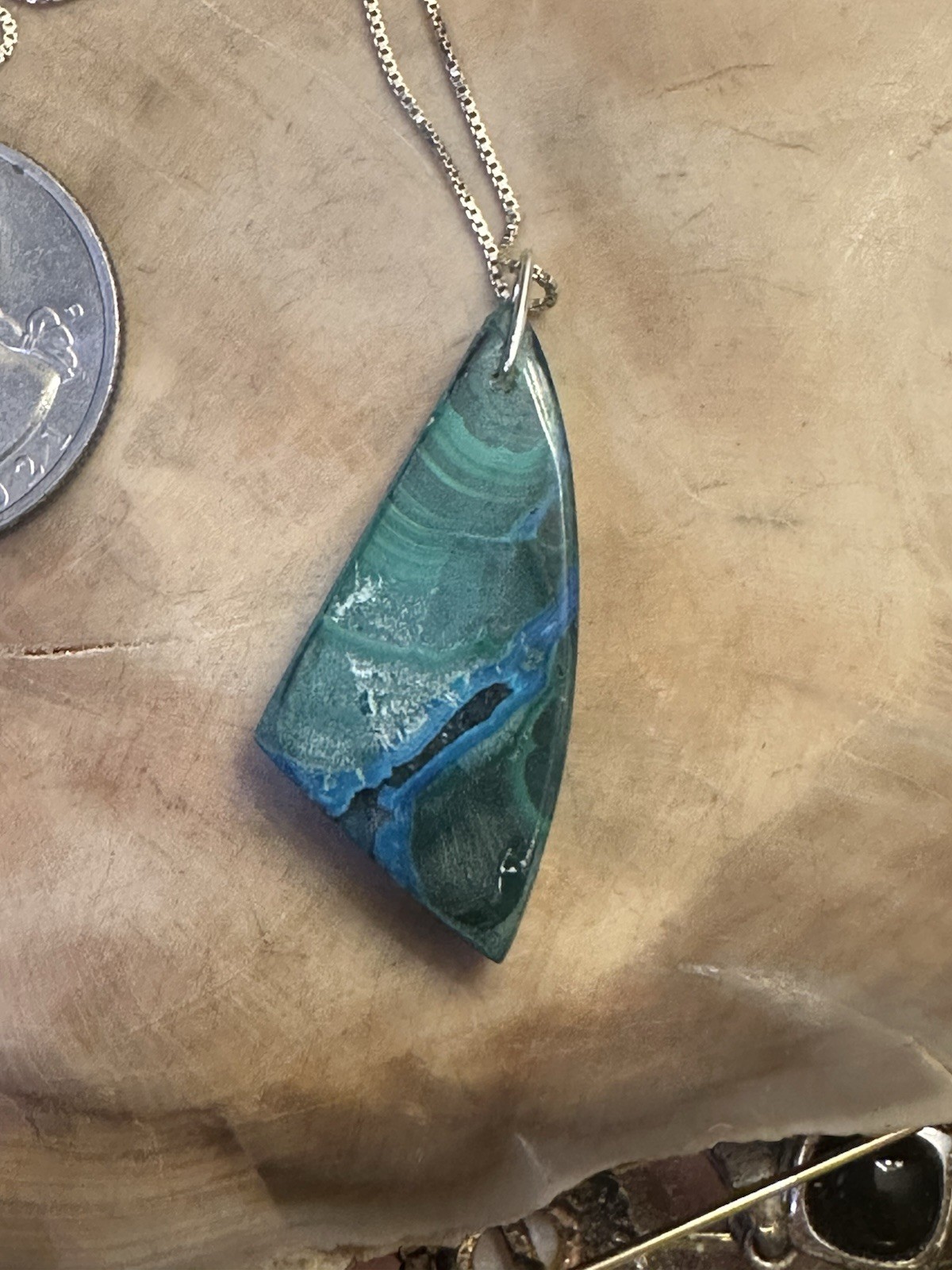 Cool Natural Chrysocolla Malachite Cabochon 925 Silver Necklace 20 In
