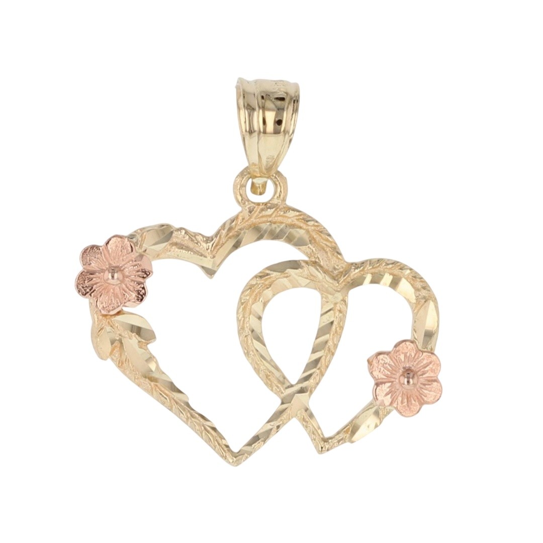19.5mm Double Heart with Flowers Pendant w/o Chain 14k Multi-Tone Gold .89 Grams