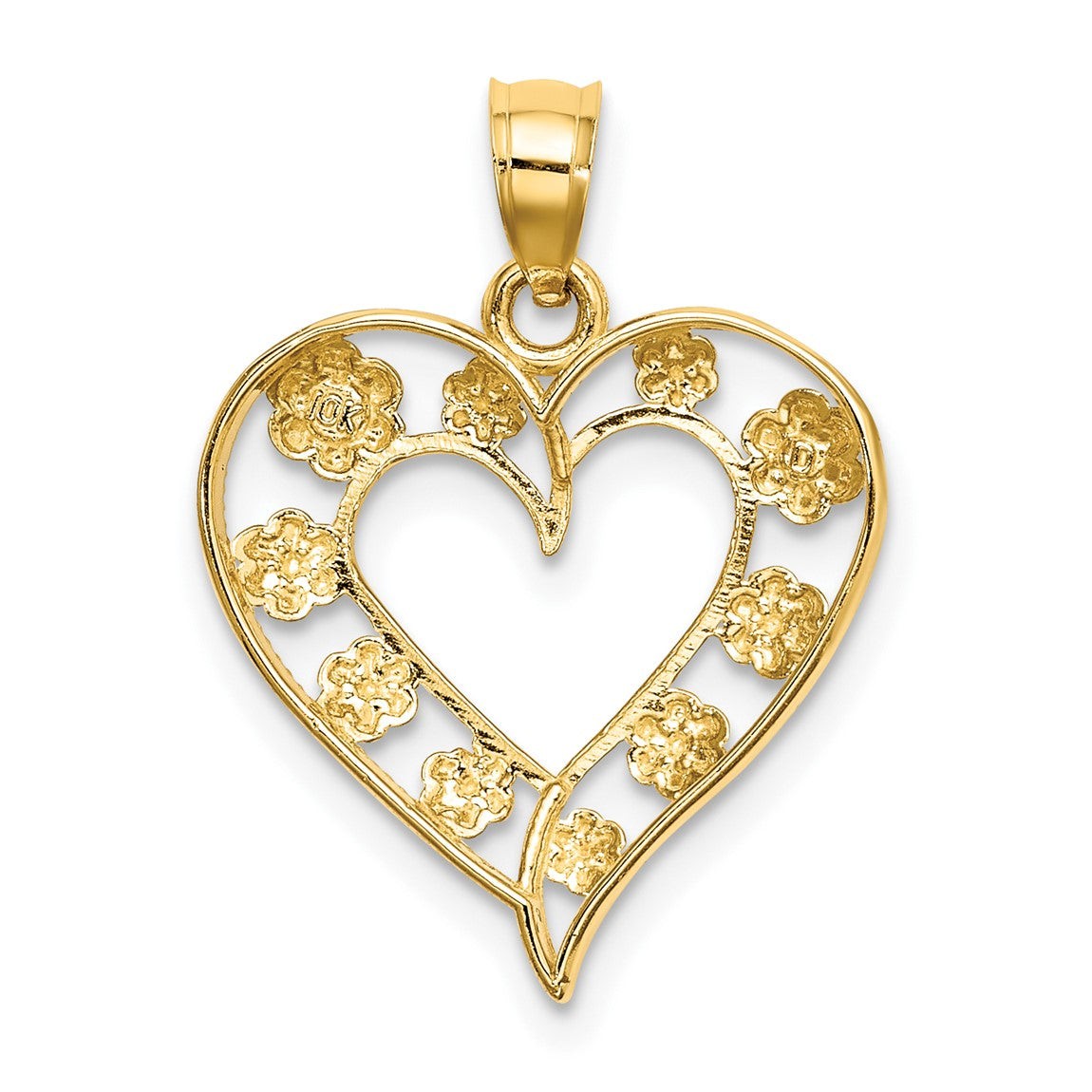 14k Yellow Gold and Rhodium and Beaded Cut-Out Heart w/ Flowers Pendant