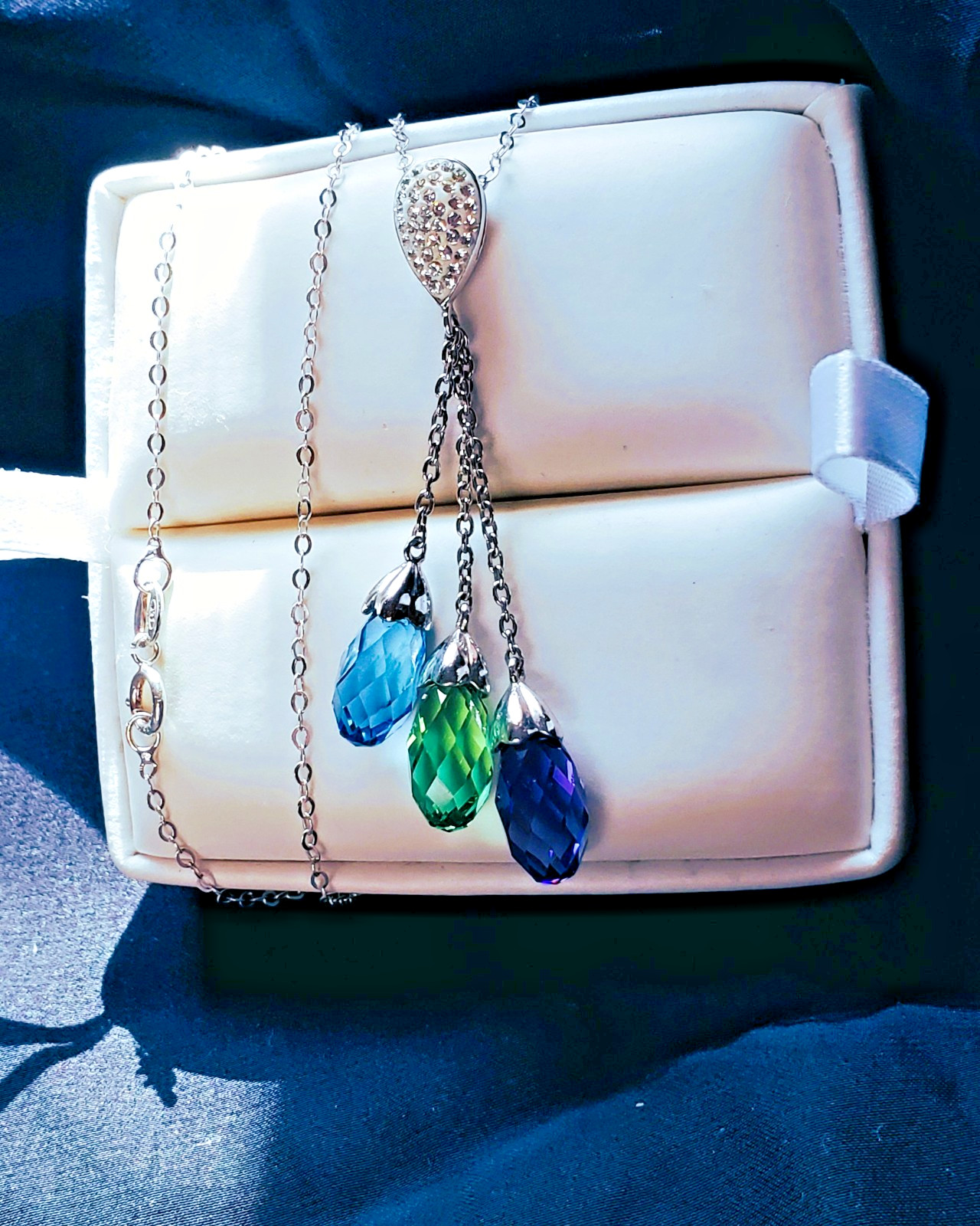 Crystal Briolette Tri-Gemstone Drop Necklace Silver Rhodium Multi-Color