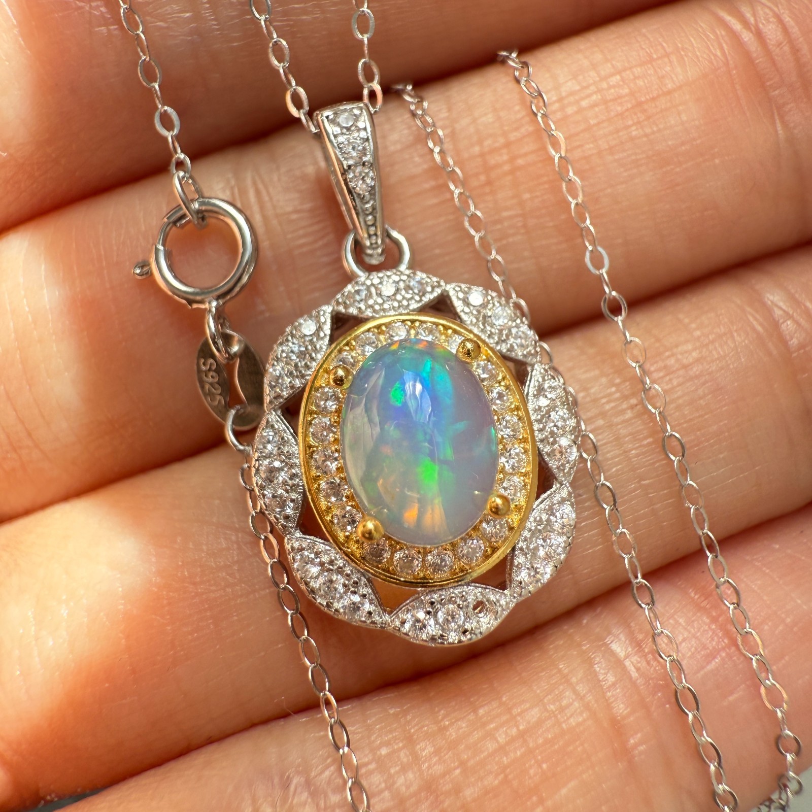 925 Sterling Silver Necklace 8x6mm Natural Opal 14K Gold Plated Flower Chain NEW