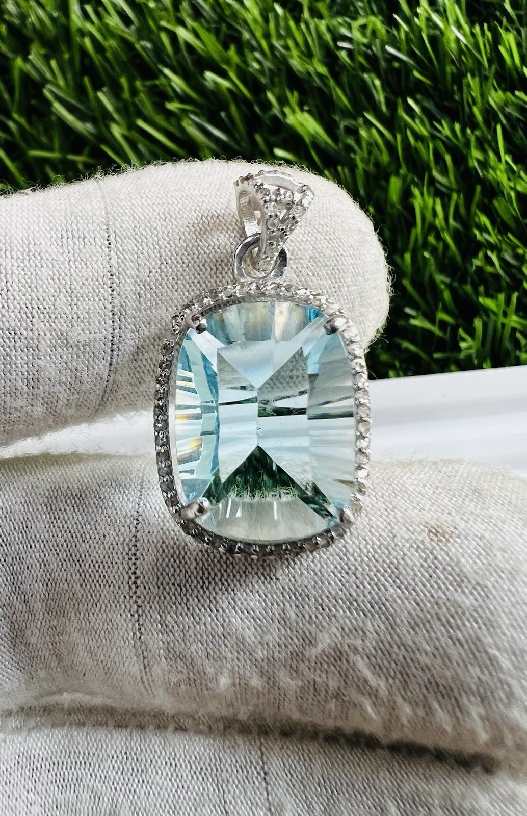 Blue Topaz & Diamond Sterling Silver Pendant | Concave Gemstone Jewelry 3.5 CM