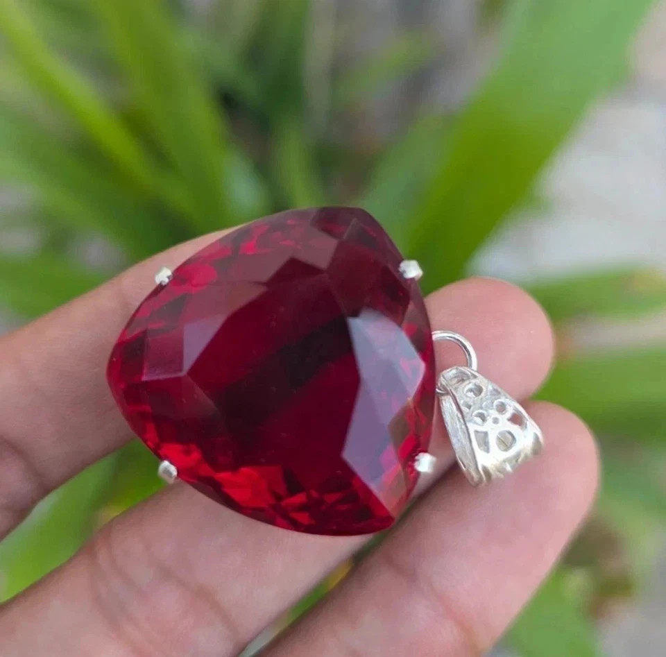 Natural Red Ruby 35 Ct Trillion Loose Gemstone 925Solid Silver Certified Pendant