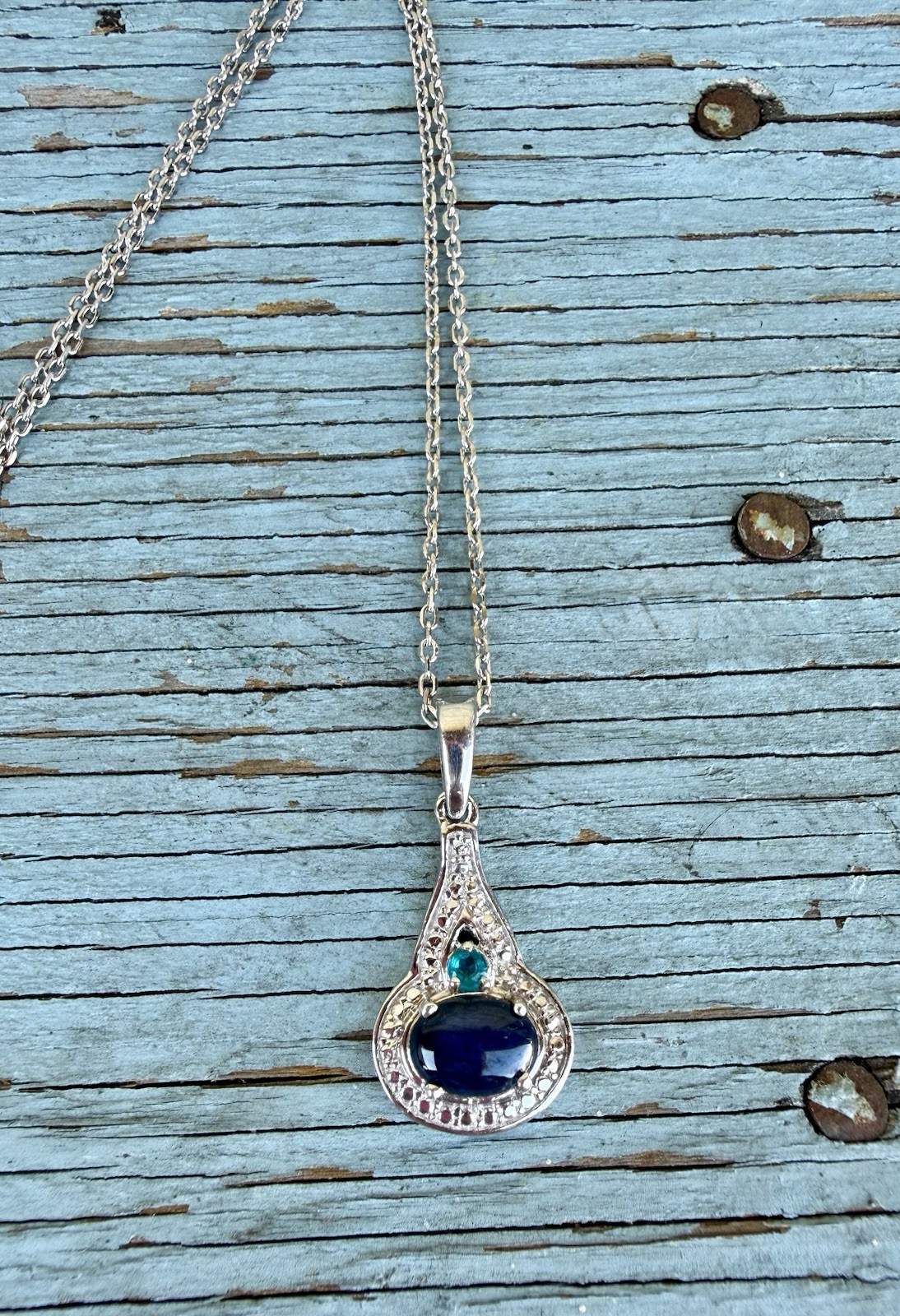 Signed STS 925 Sterling Silver Blue Star Sapphire & Apatite Pendant Necklace 18”