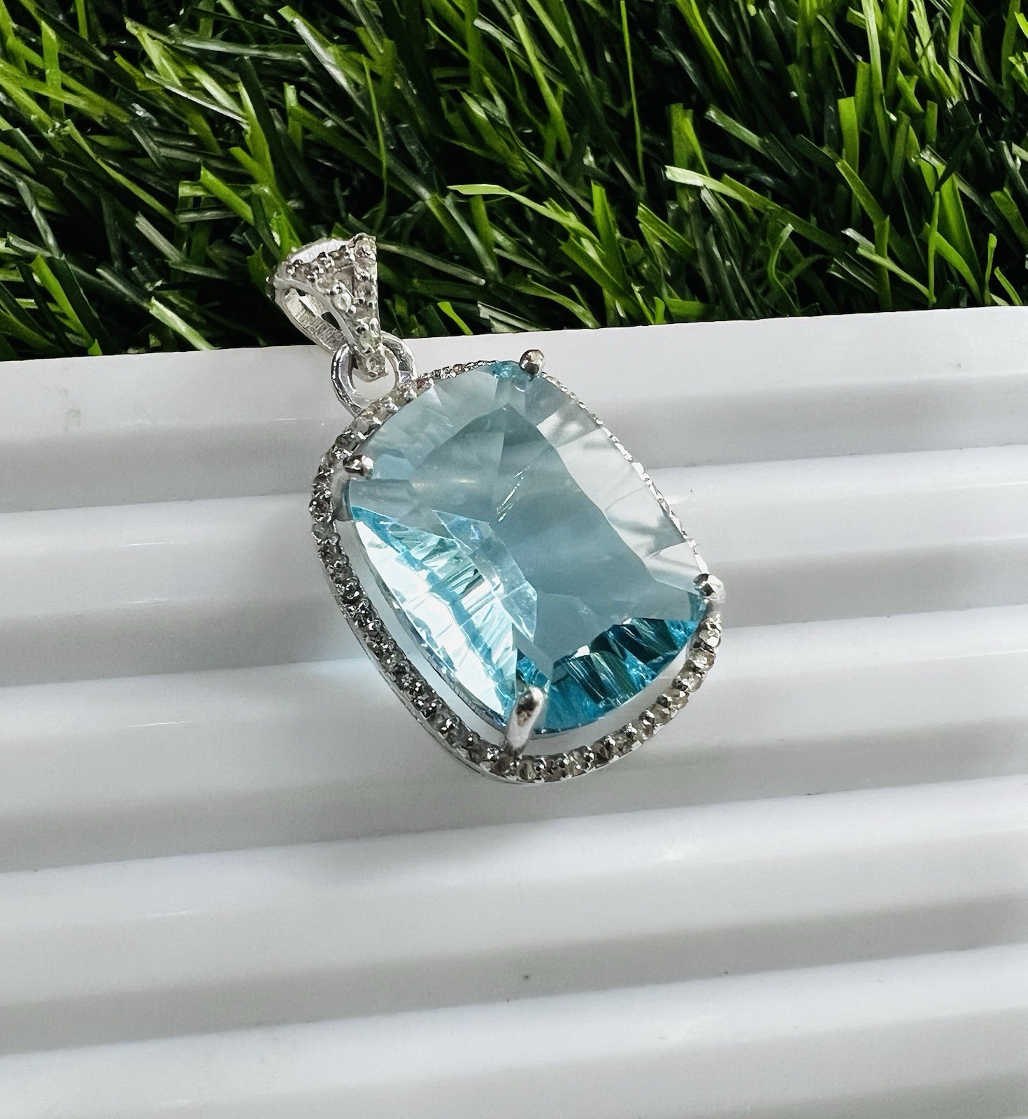 Blue Topaz & Diamond Sterling Silver Pendant | Concave Gemstone Jewelry 3.5 CM