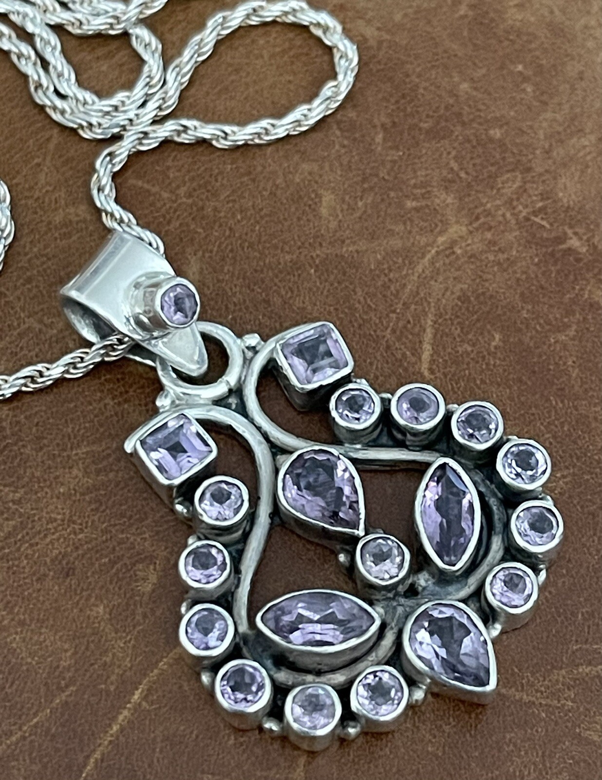 Vintage Amethyst Cluster Pendant Twisted Rope Chain Sterling 925 Necklace 20” in