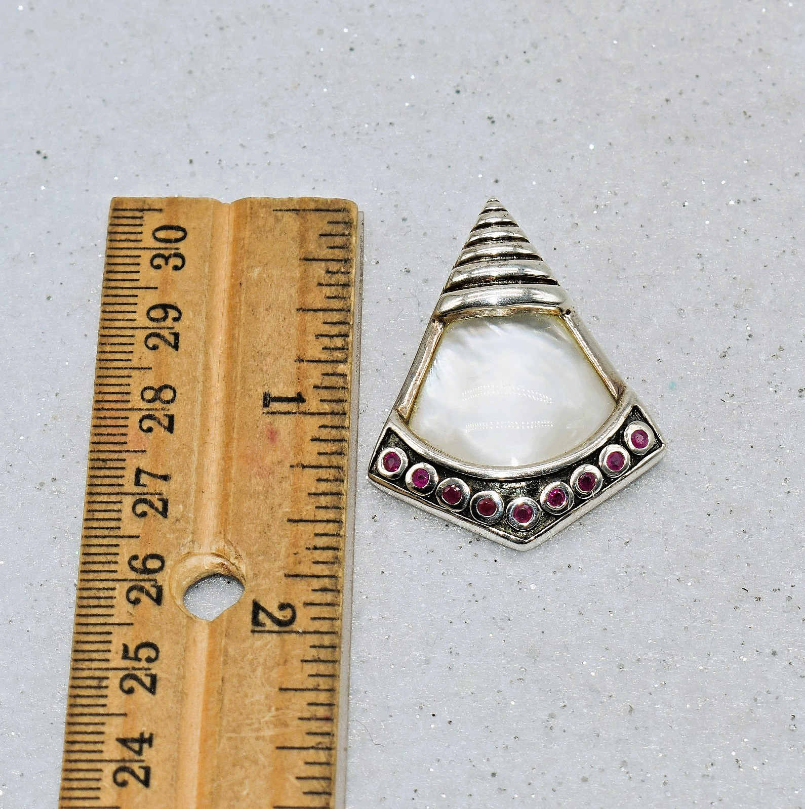 Mother of Pearl & Rubies Sterling Silver Thailand Pendant 1-1/2 inch