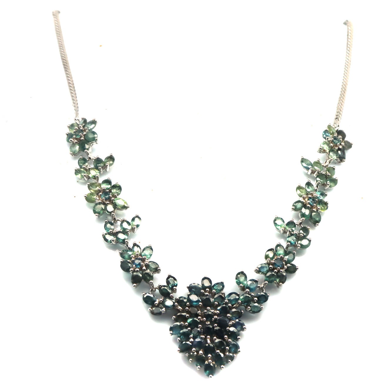 925 Sterling Silver Bluish Green Sapphire Made in Thailand Necklace 21 in