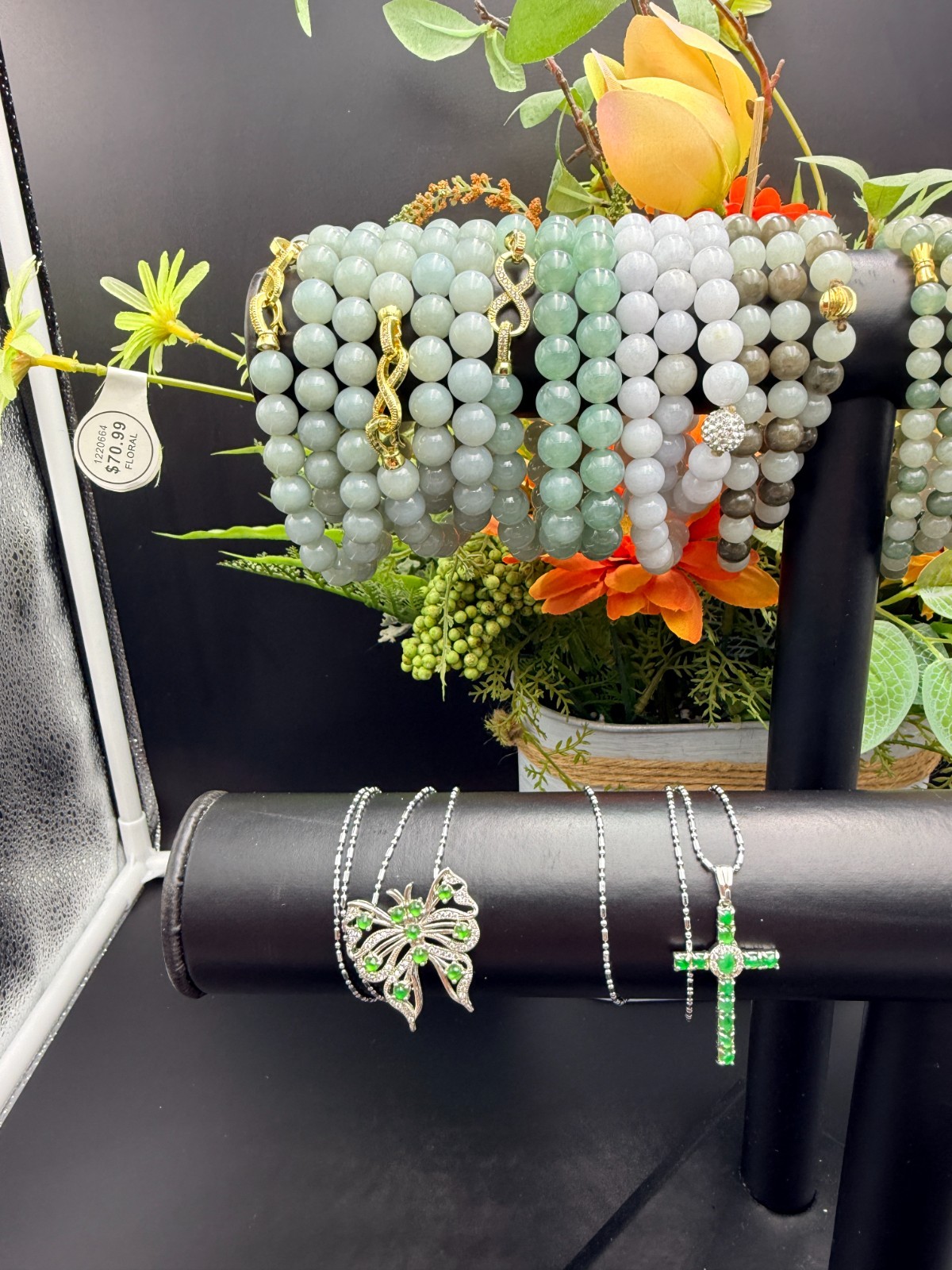 Certified Grade A Jadeite Jade Beaded Necklace Ble Green Olive 8.9 mm #100146