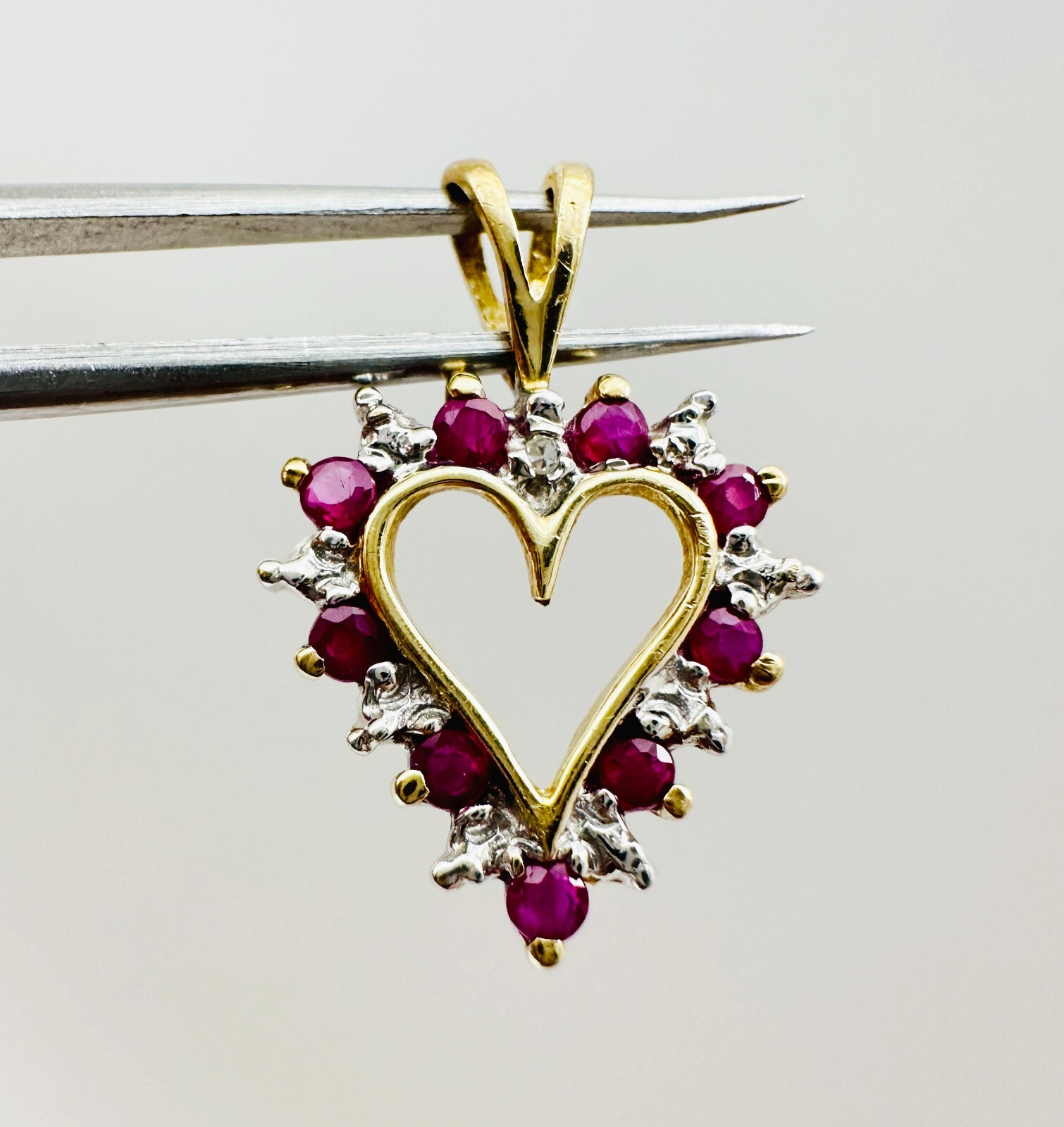 Estate 10K Multi-Tone Gold Ruby w/Diamond Accent Small Heart Pendant 19x13mm