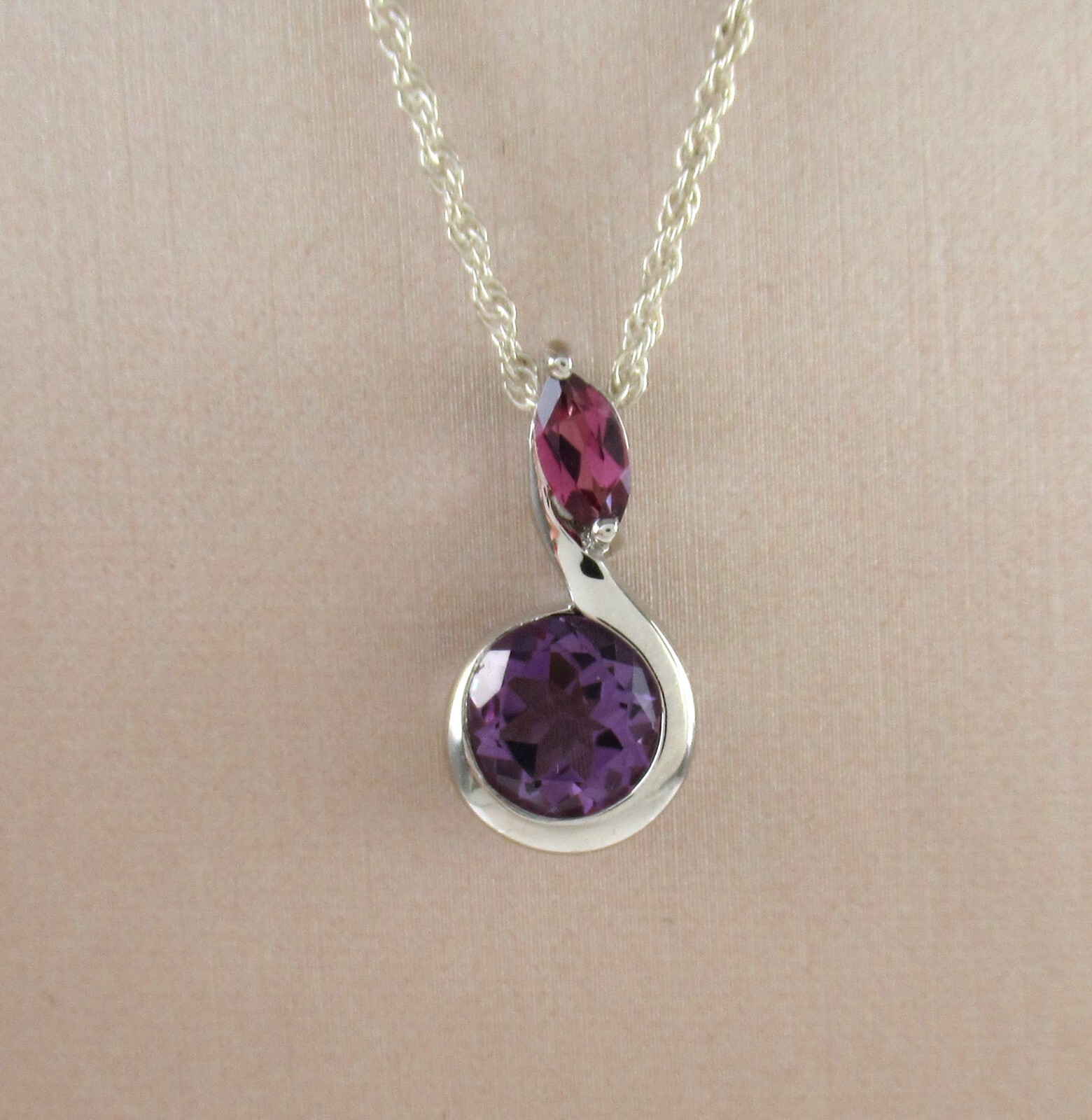 .925 Sterling Silver Tourmaline Pendant Necklace Half Bezel Purple Asymmetrical