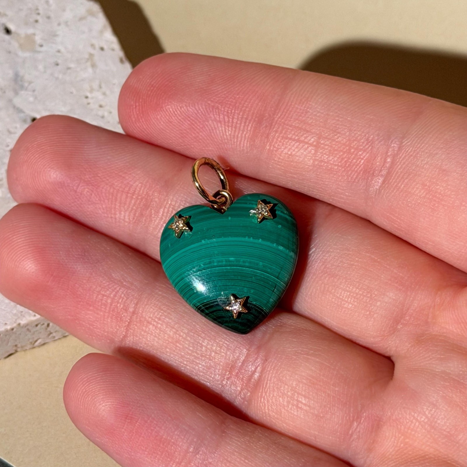 14K Solid Gold Pink Malachite Heart Pendant with Natural Diamonds 1” long