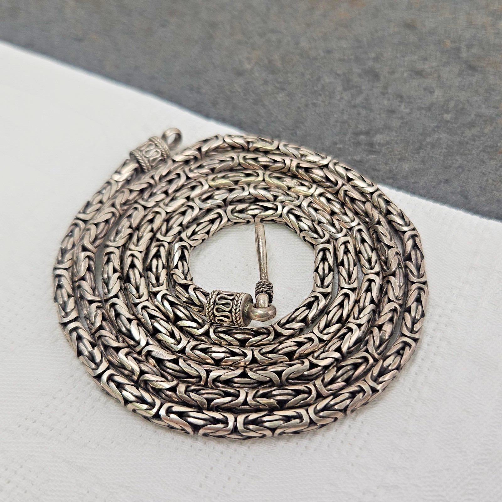 Sterling Silver Byzantine Chain Open S Hook Clasp 30″ Biker Men’s Necklace Long