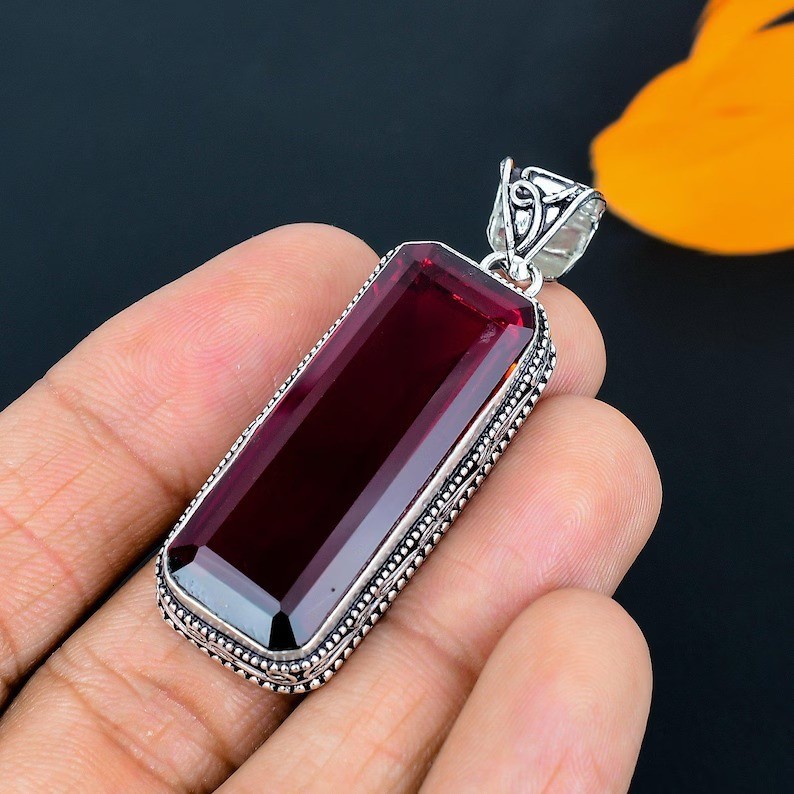 Handmade Mozambique Red Garnet Pendant: Vintage 925 Sterling Silver Jewelry