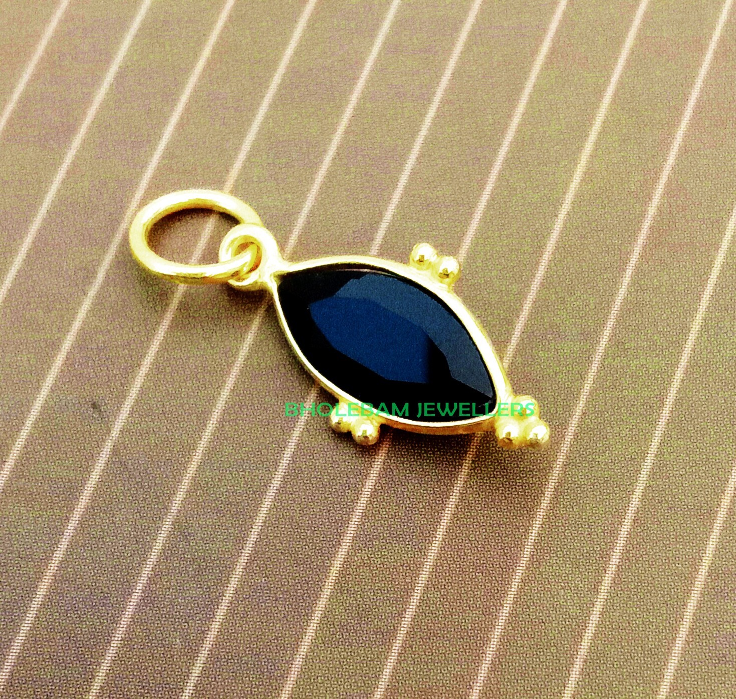 Natural Black Onyx Charm Necklace, 18k Yellow Gold Pendant , Handmade Jewelry